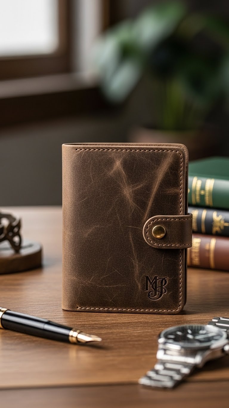 Distressed brown leather wallet with initials embossed on rustic wooden table surrounded by fountain pen and classic books