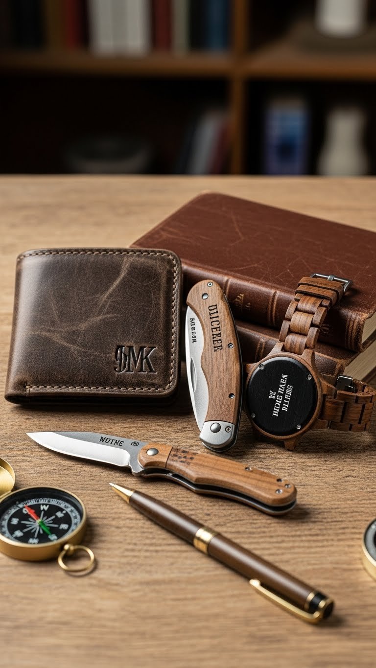 Distressed leather wallet with embossed initials, custom engraved pocket knife, and personalized wooden watch display
