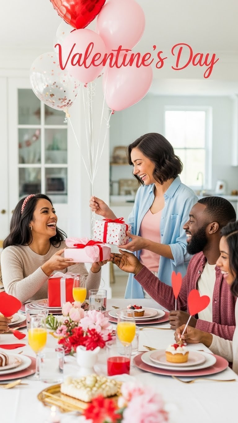 Diverse group celebrating Galentine's brunch with friends exchanging gifts and festive decorations.