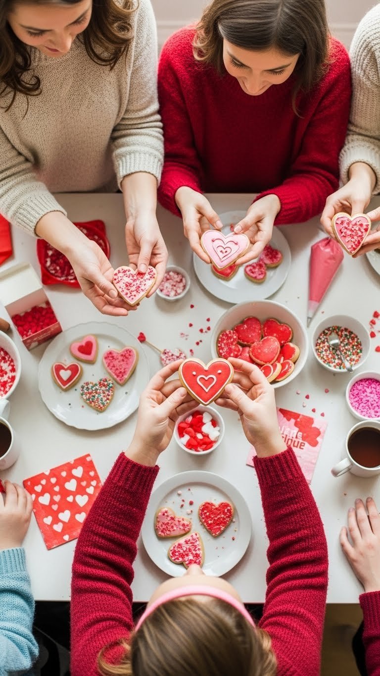 Diverse individuals exchanging beautifully decorated Valentine's cookies on a rustic wooden table during a sweet treat swap event.