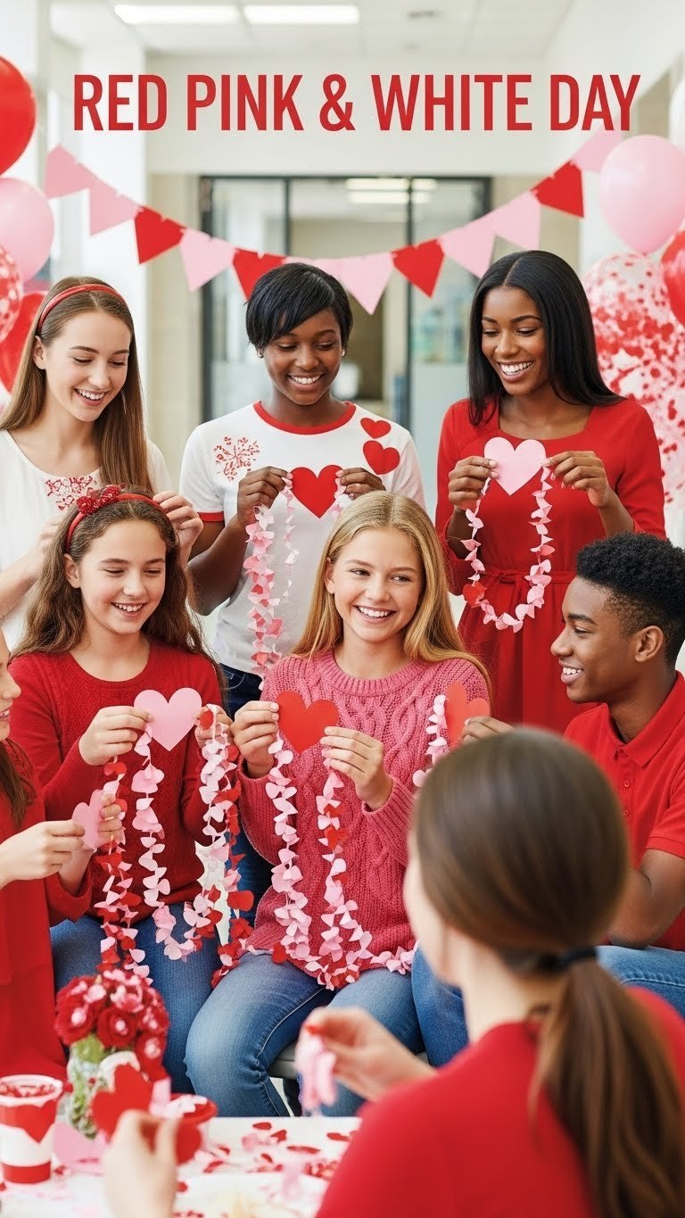 Diverse students and office workers wearing red, pink, and white outfits celebrating Valentine's Spirit Week with festive decorations in a school hallway.