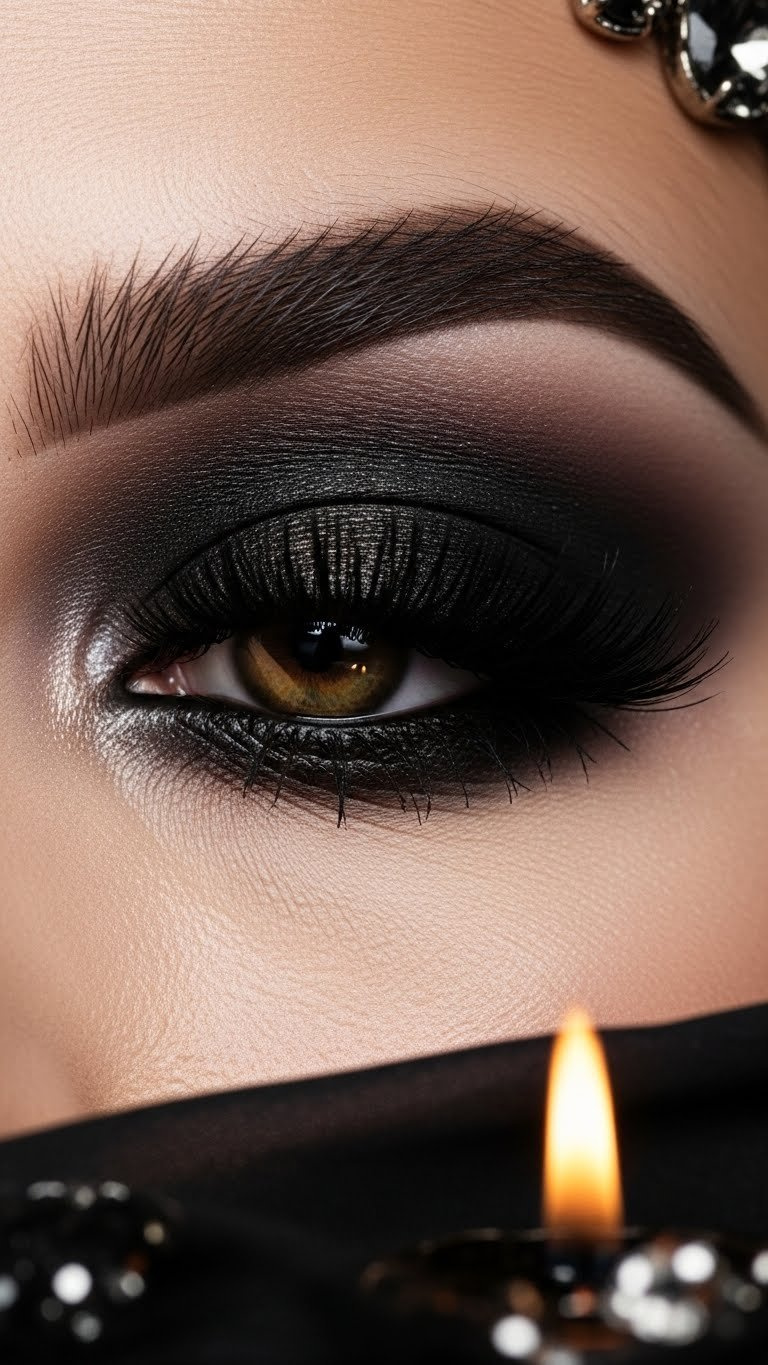 Dramatic smokey eye makeup with rich black and brown tones, metallic sheen, and voluminous lashes in elegant side lighting