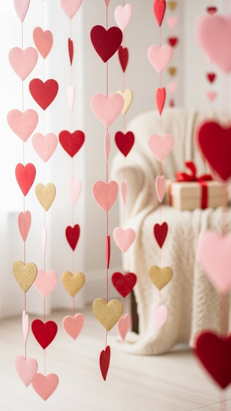 Dreamy Valentine's Day heart garland scene with pink, red, and gold strands hanging in layered arrangement
