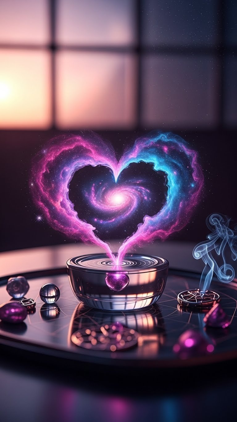 Dreamy galactic love swirls wallpaper with pink and purple nebula forming heart patterns amidst sparkling stars