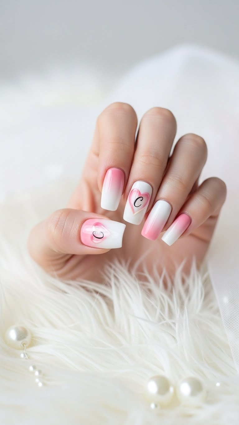 Dreamy white to blush pink ombre nails with initial C inside gradient heart shape on faux fur rug