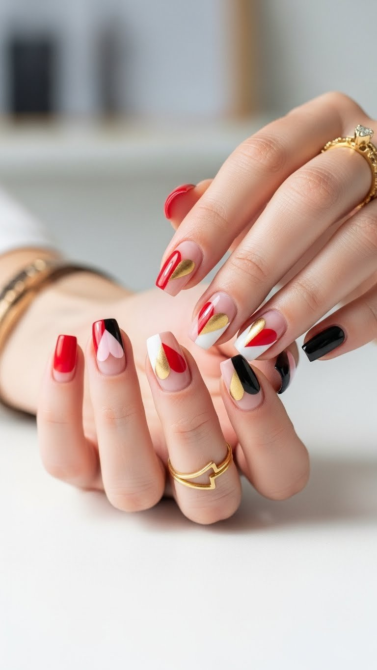 Duo-tone heart art nails featuring hearts split into complementary colors against crisp white background