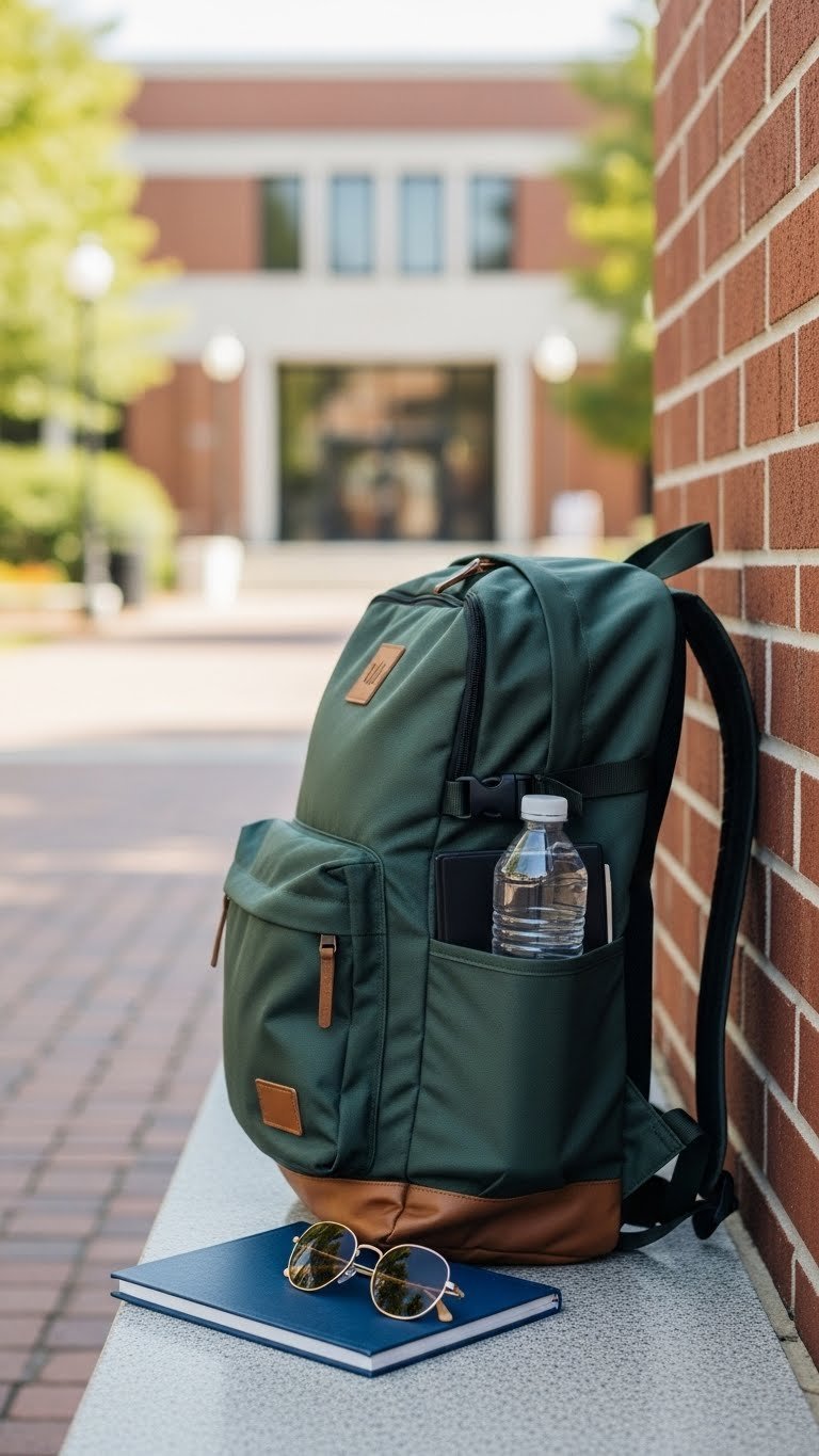 Durable college backpack with padded straps and laptop sleeve resting against campus wall
