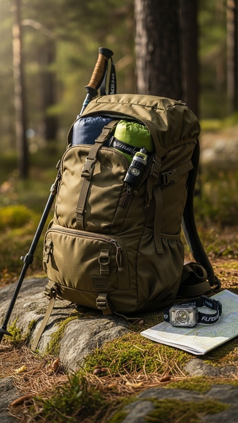 Durable hiking backpack with camping gear on mossy rock in dappled forest sunlight for outdoor adventures