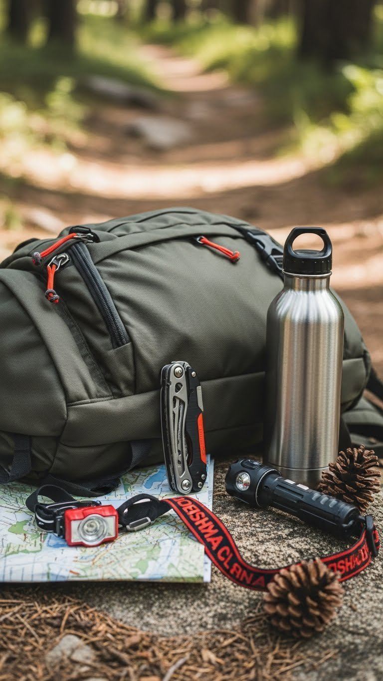 Durable hiking backpack with multi-tool, headlamp, and water bottle arranged on natural rock surface outdoors