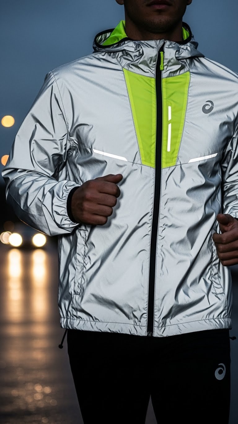 Durable reflective running jacket on male runner in motion at dusk with urban road background.