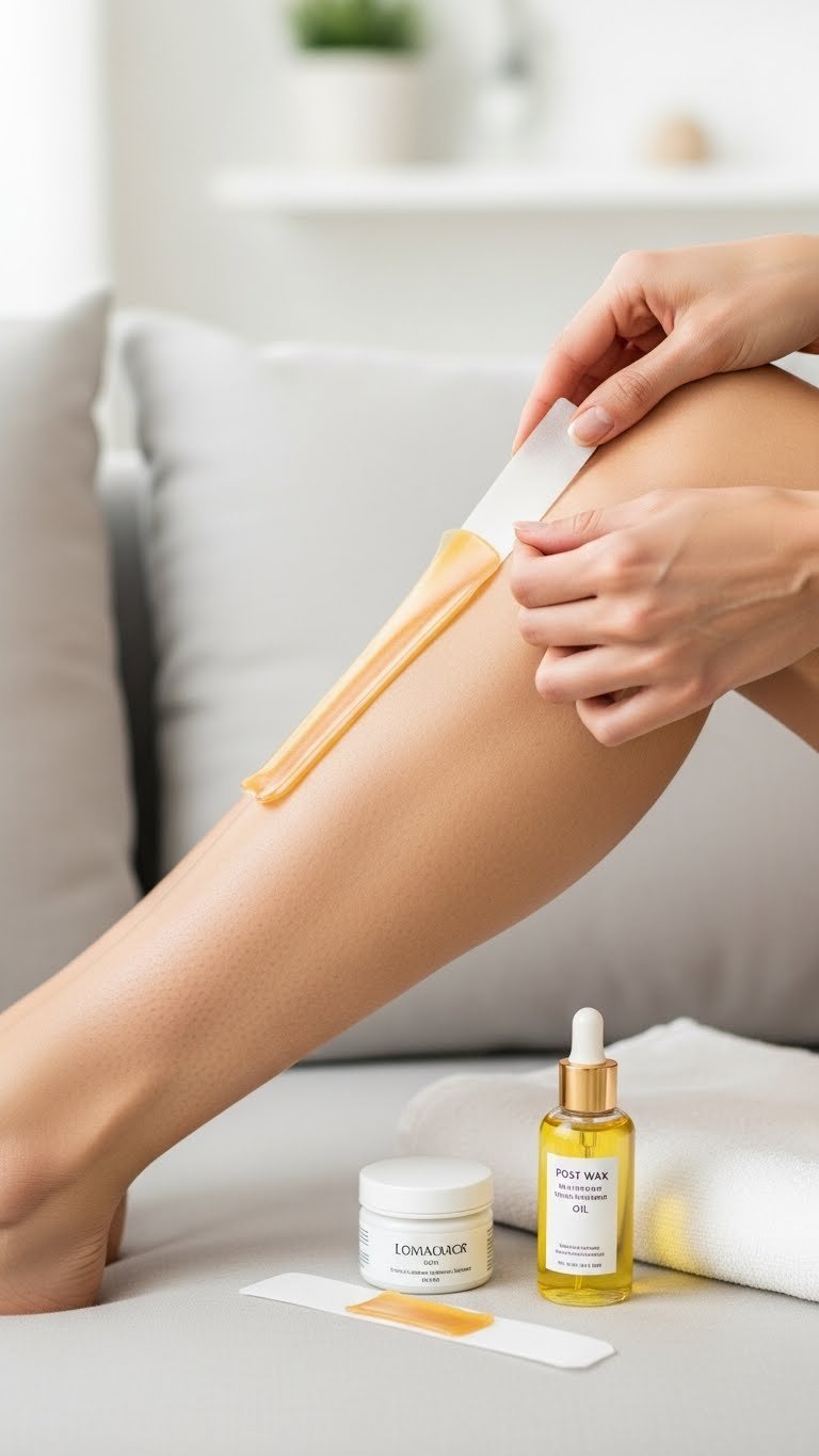 Dynamic action shot of hand pulling hard wax strip from leg with skin stretched taut