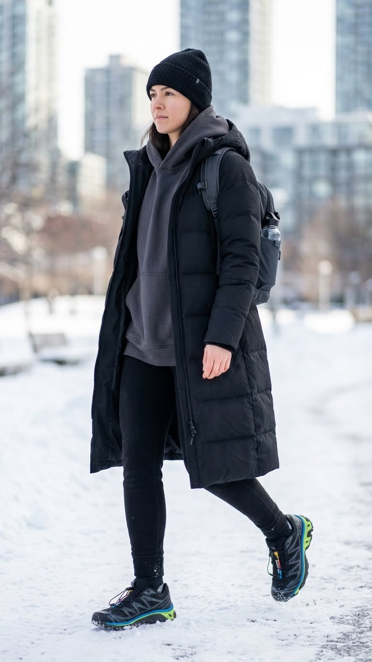 Dynamic athleisure: waterproof trail running sneakers, black fleece leggings, oversized hoodie, technical puffer coat, snowy park.