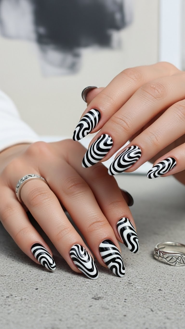 Dynamic black and white swirl almond nail art with sharp contrast against cool grey concrete surface