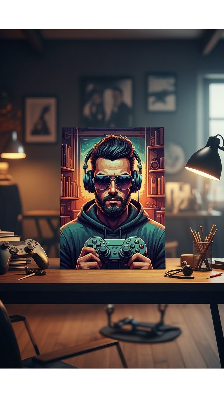 Dynamic hobby painting canvas illustrating gaming controller or musical instrument with bold primary colors.