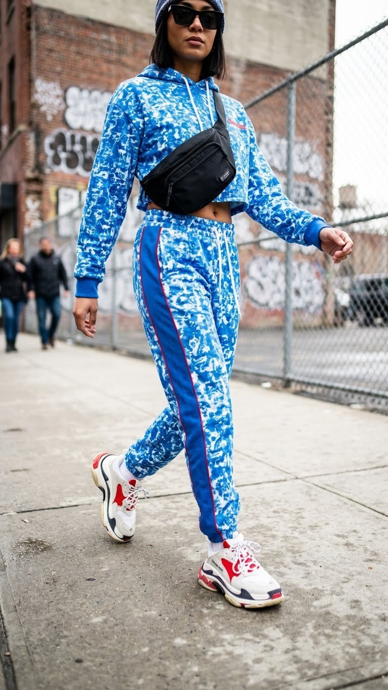 Dynamic shot of a person in a bright cropped hoodie, joggers, chunky sneakers, and a belt bag. Modern winter streetwear.