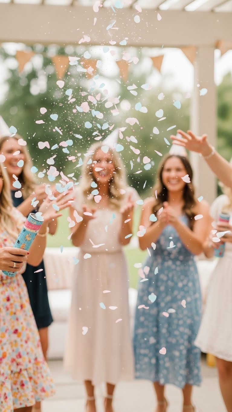 Dynamic shot of baby pink or blue heart-shaped confetti exploding from party popper during gender reveal celebration