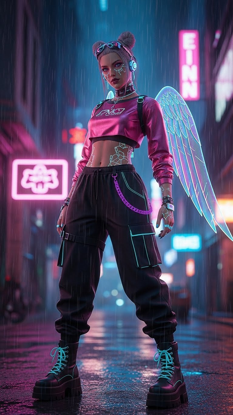 Dynamic virtual avatar in metallic cyberpunk outfit posing against futuristic neon cityscape at night