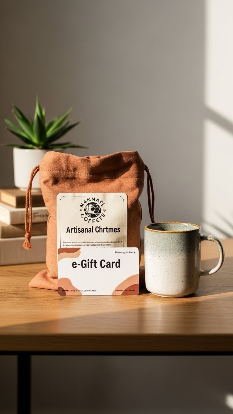 E-gift card for artisanal coffee shop with coffee beans and reusable mug on clean wooden table