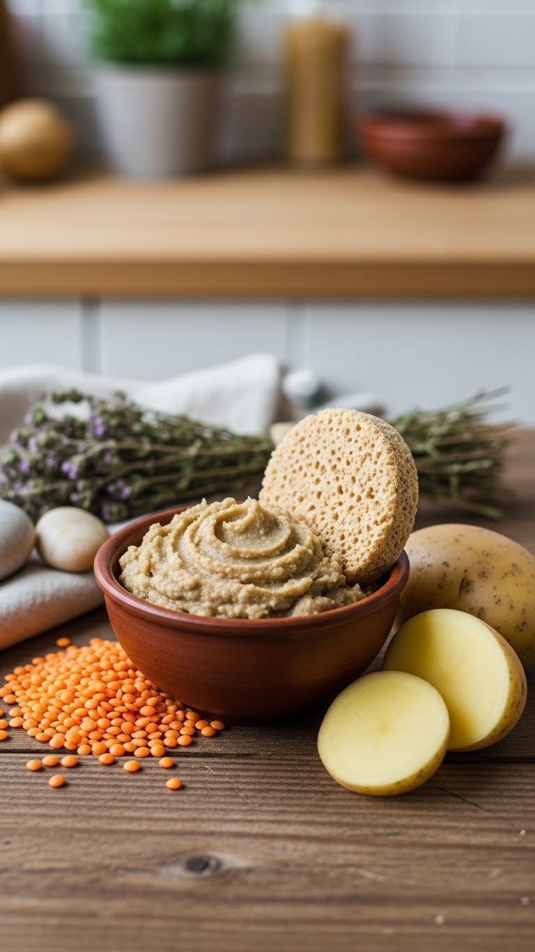 Earthy brown lentil and potato hair reduction pack paste in terracotta bowl with application sponge