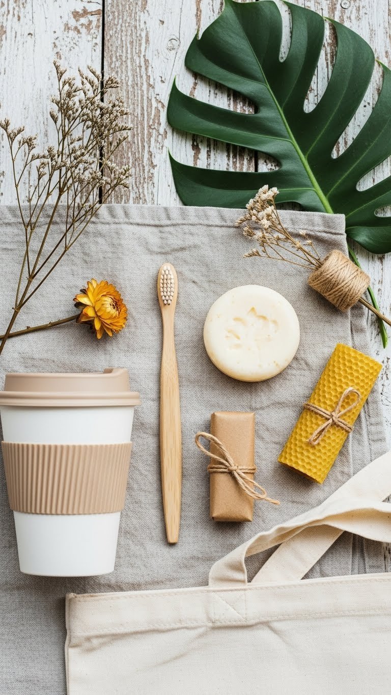 Eco-friendly products including bamboo toothbrush and reusable cup arranged on natural linen surface