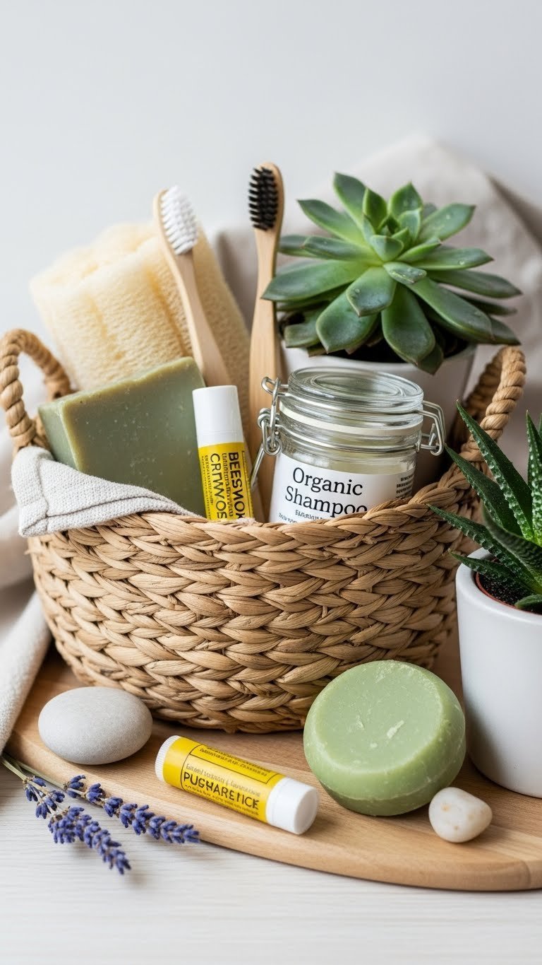 Eco-friendly self-care hamper featuring zero-waste products, bamboo toothbrush, and succulent in natural basket