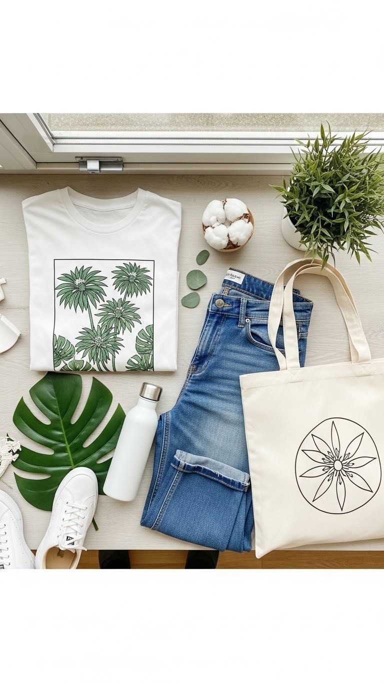 Eco-friendly sustainable fashion including organic cotton tee and recycled jeans on light wood