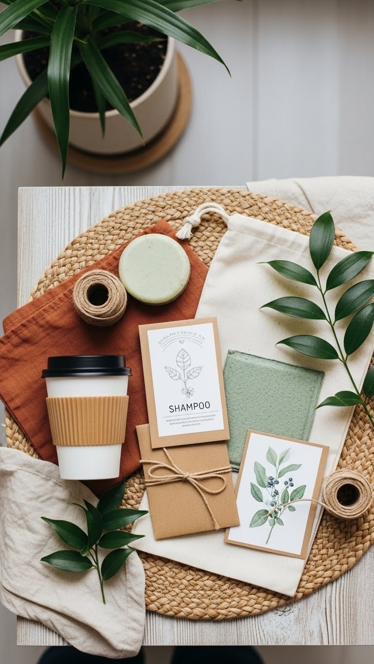 Eco-friendly sustainable gifts including bamboo cup and linen bags arranged on rustic wooden table