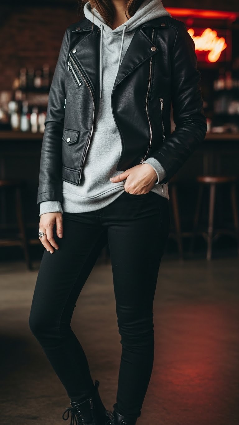 Edgy black faux leather moto jacket over heather grey hoodie with skinny jeans in moody bar environment