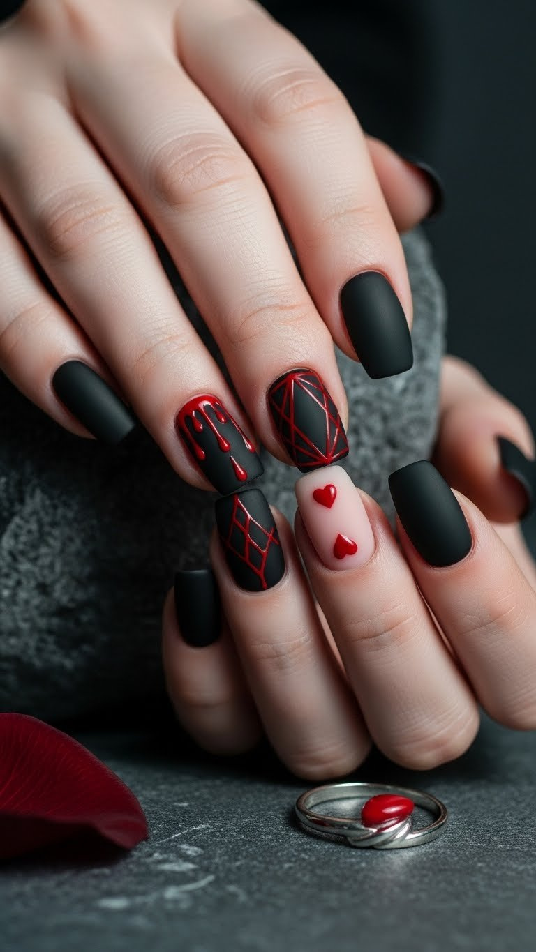Edgy matte black Valentine's Day nails with glossy red drip details and silver ring against dark stone surface