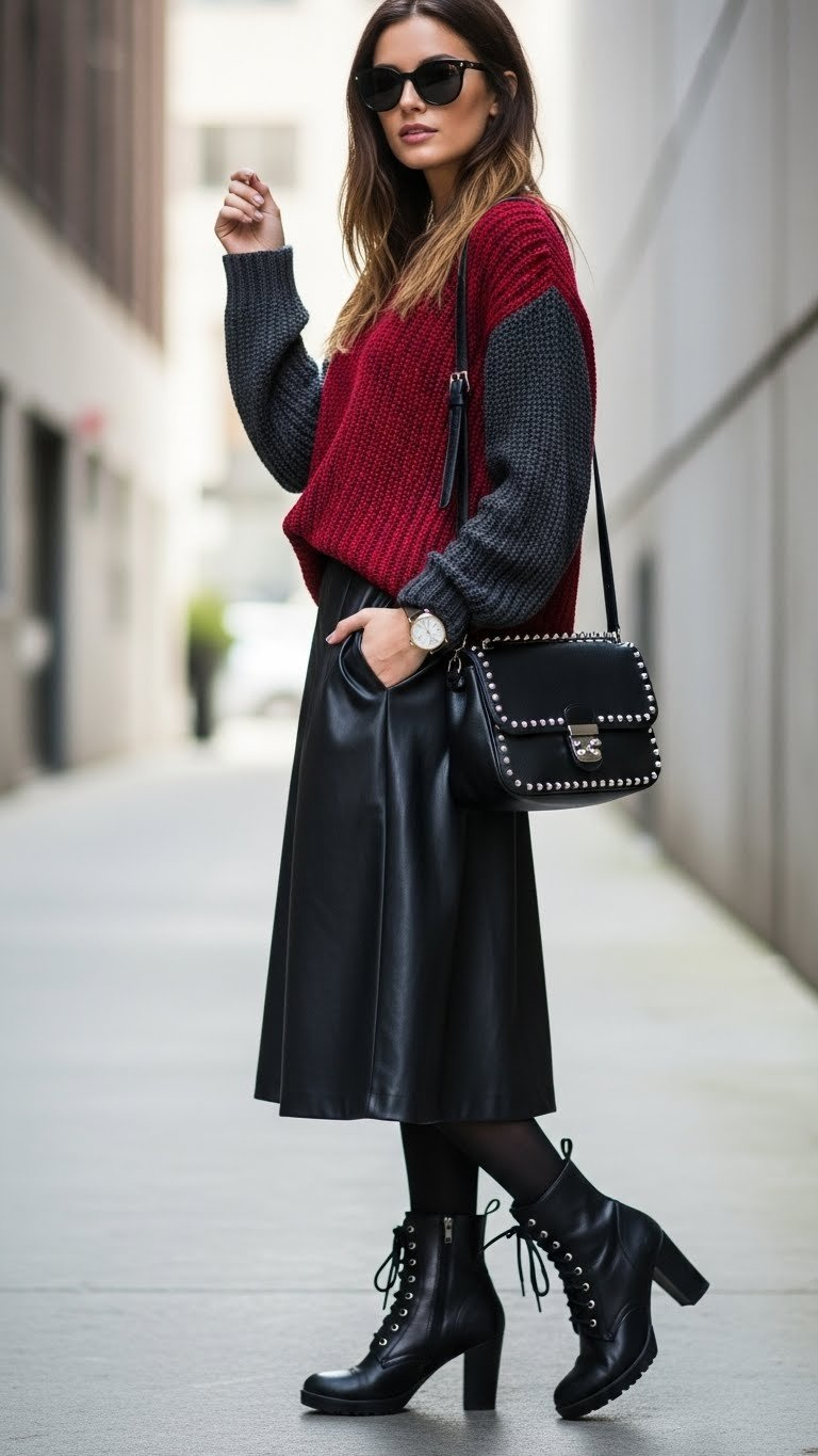 Edgy woman in black faux leather skirt and chunky knit sweater in industrial urban alleyway setting