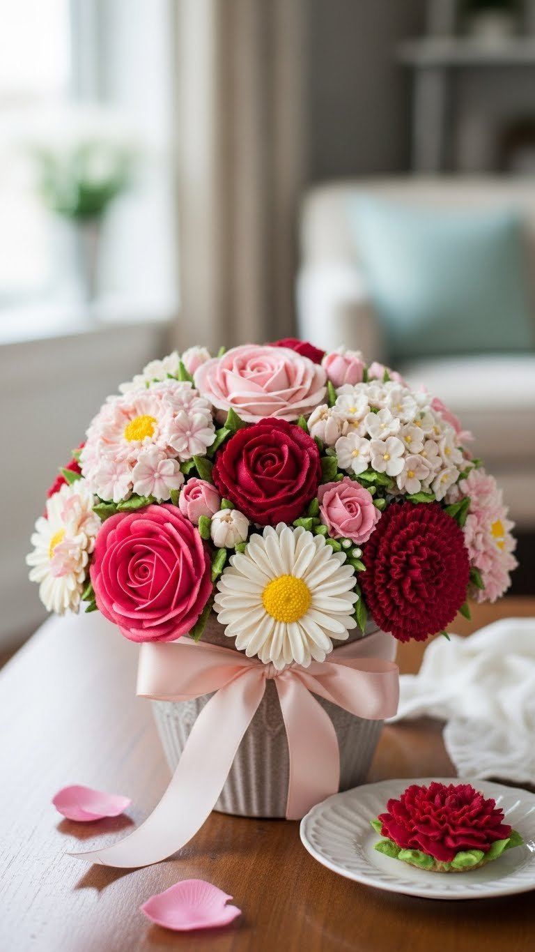 Edible romantic cupcake bouquet with buttercream flowers in pink, red, and white arrangement in decorative vase