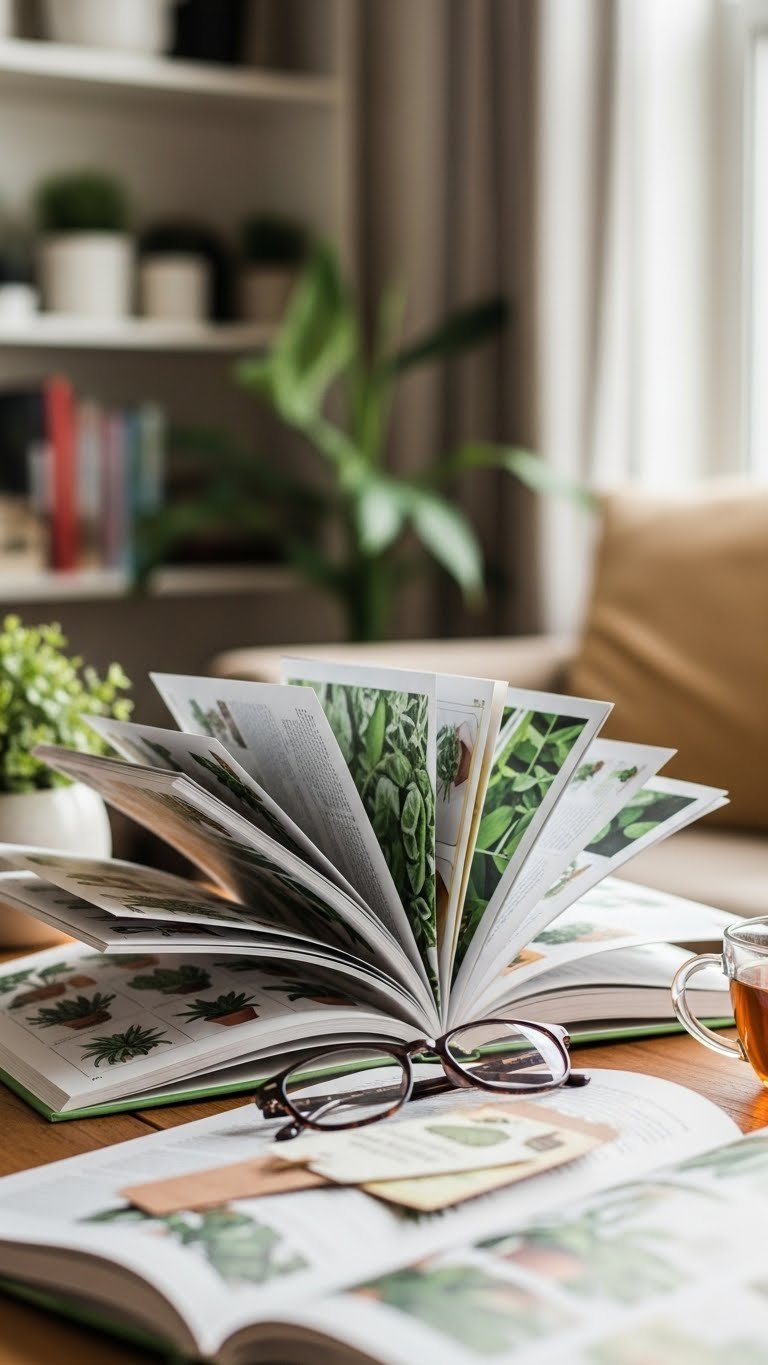 Educational plant care books stacked invitingly with illustrations and reading accessories nearby
