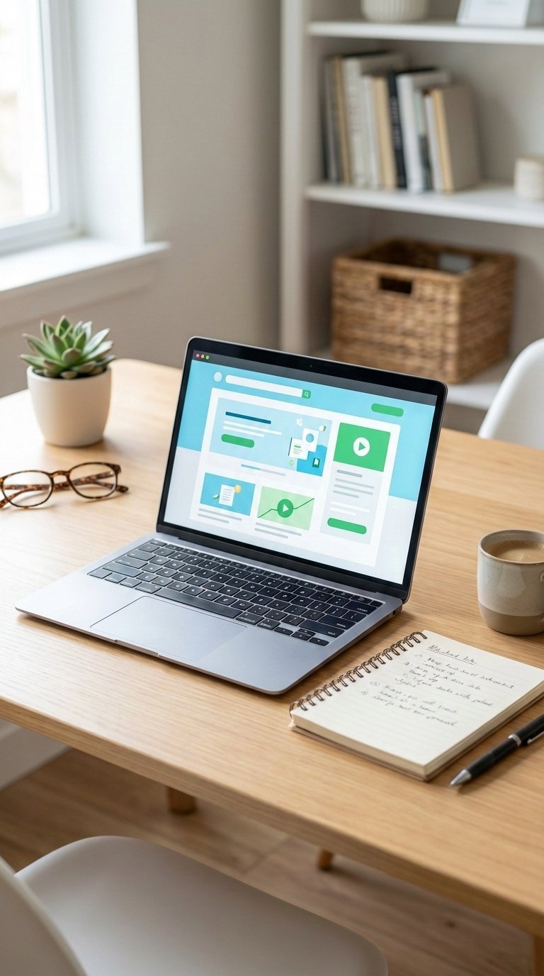 Educational subscription service tablet with notebook and coffee on modern desk