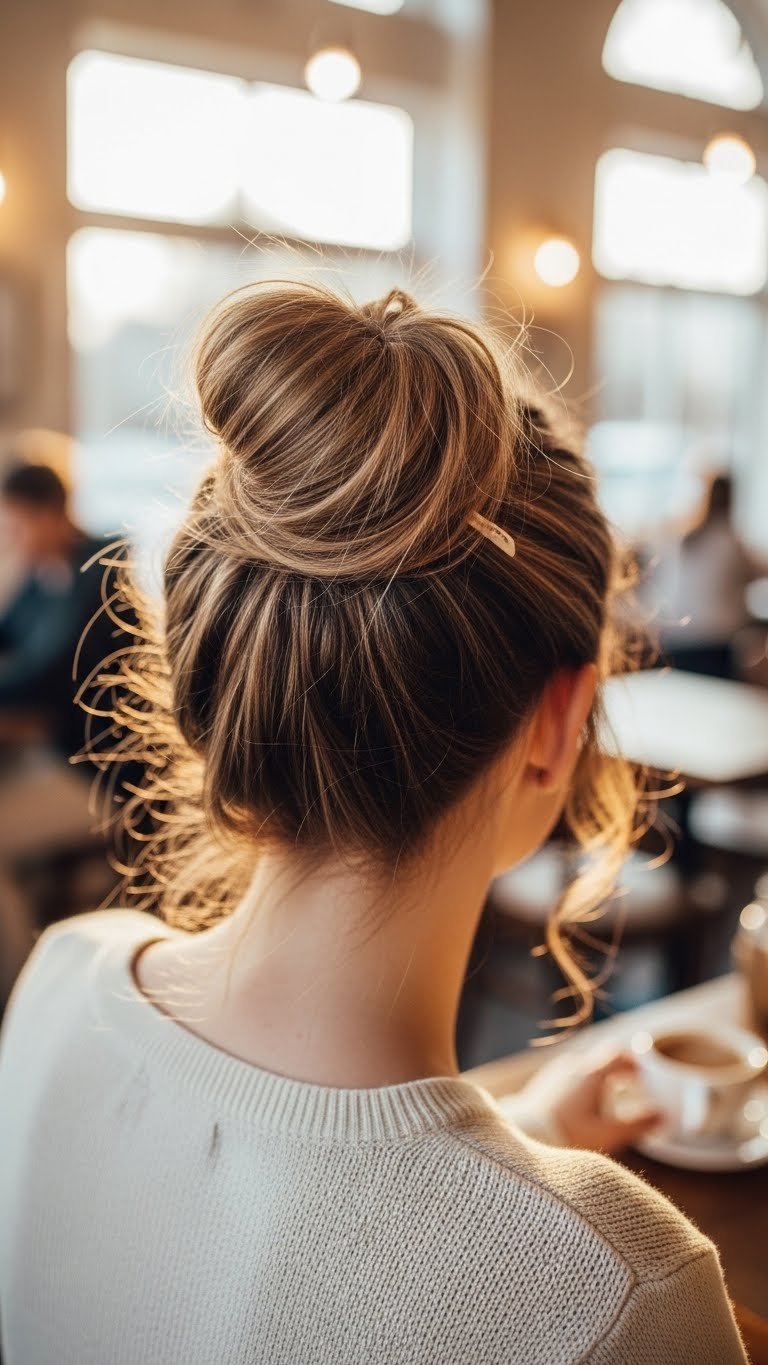 Effortless messy bun updo with wispy strands in warm golden hour light against cozy cafe interior