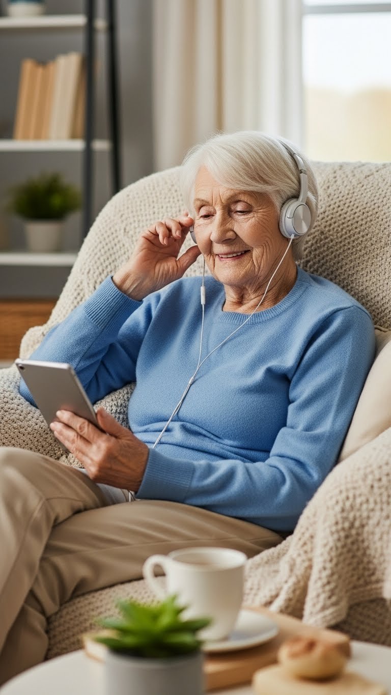 Elderly woman listening to audiobook with simple device in peaceful home environment