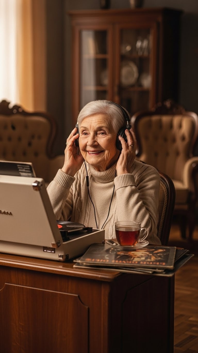 Elderly woman listening to vintage record player with headphones and vinyl album in warm living room