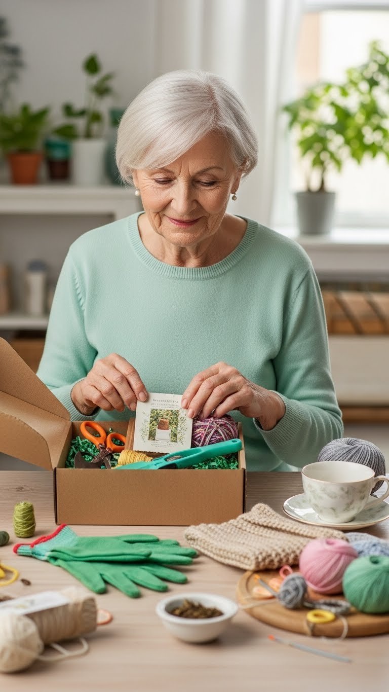 Elderly woman opening gardening subscription box filled with seeds and tools on light wooden craft table