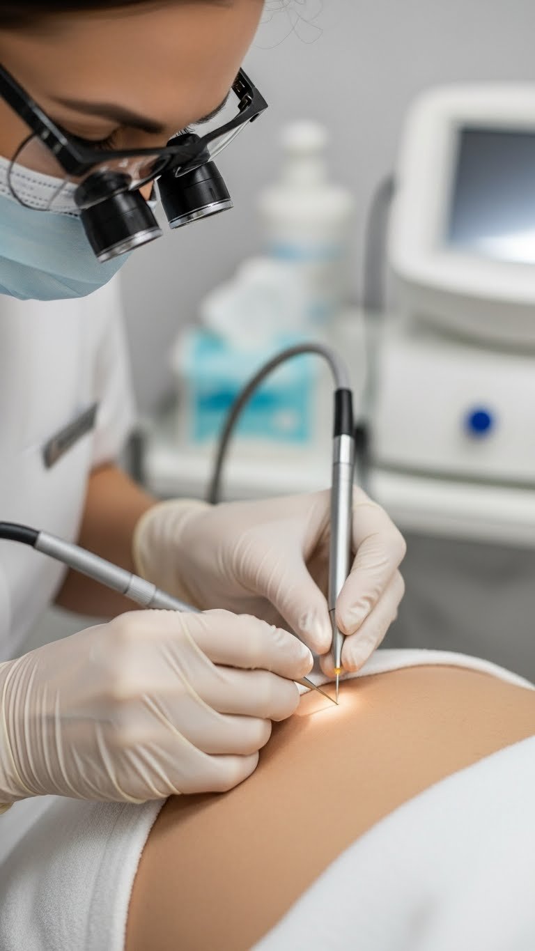 Electrologist using fine probe for meticulous electrolysis hair removal treatment