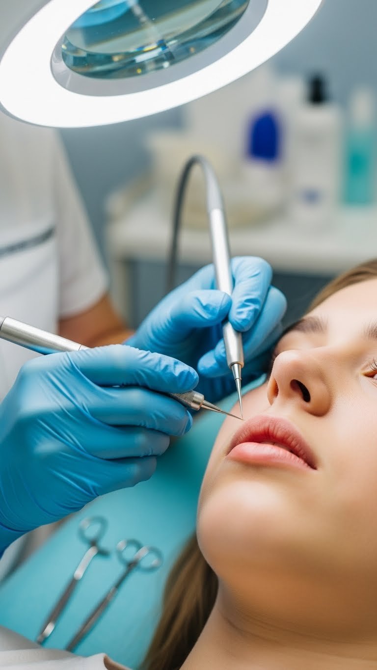 Electrolysis probe near hair follicle on teen's upper lip in sterile clinical treatment environment