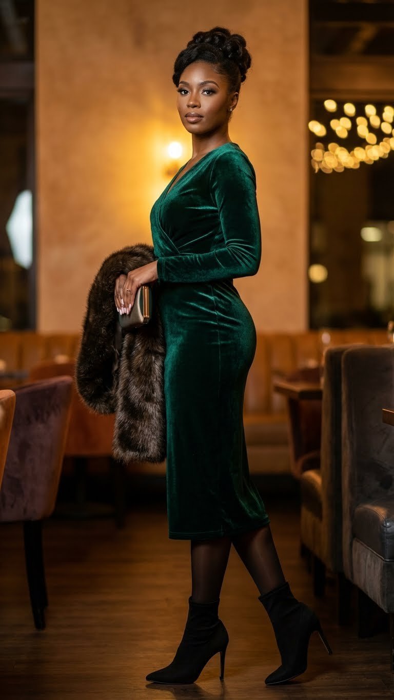 Elegant Black woman in emerald velvet midi dress, faux fur stole, and stiletto boots in chic restaurant.