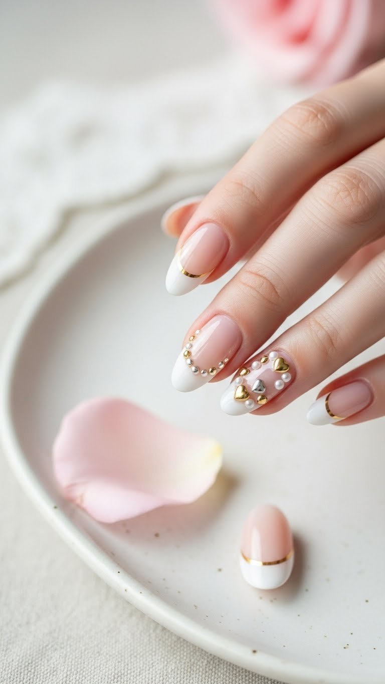 Elegant French tip Valentine's Day manicure with gold heart charms on almond-shaped nail, ceramic plate background
