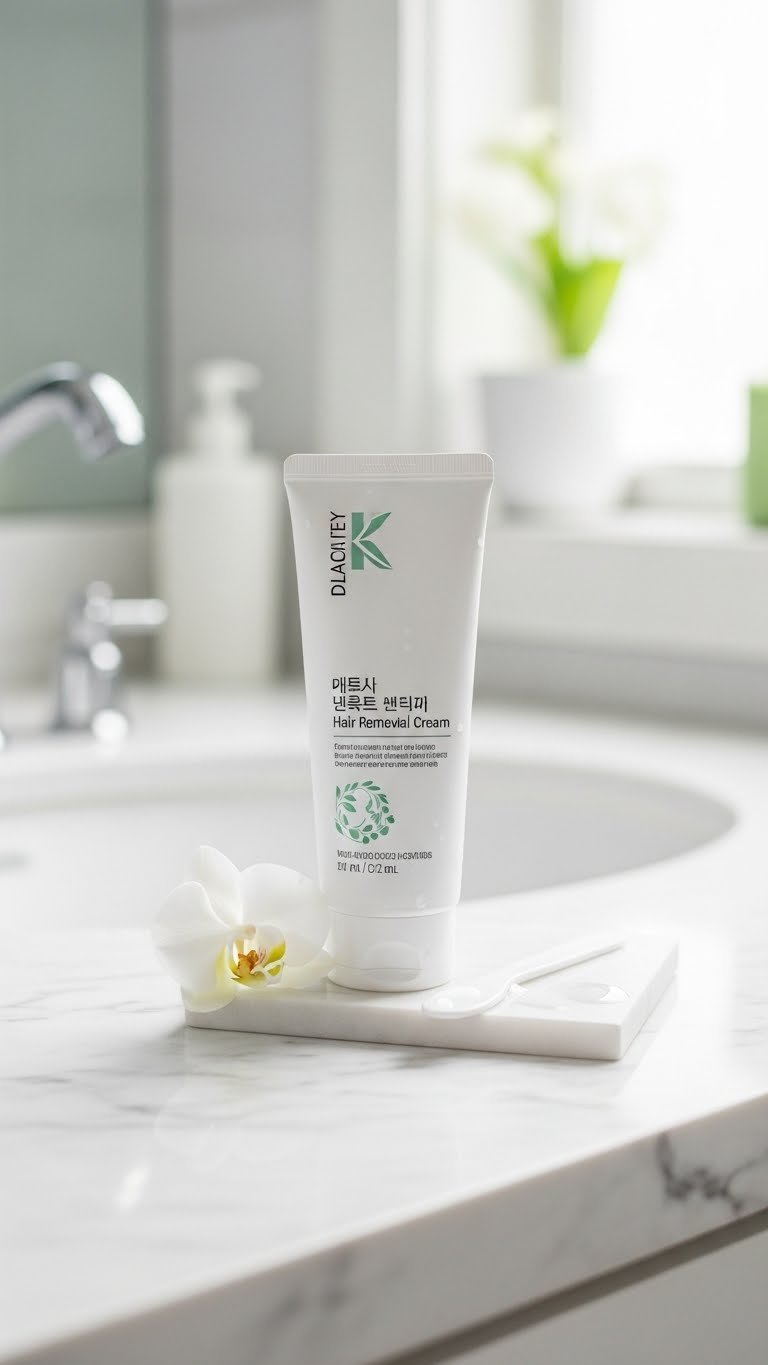 Elegant Korean beauty hair removal cream tube on white marble surface with fresh orchid and soft bokeh background