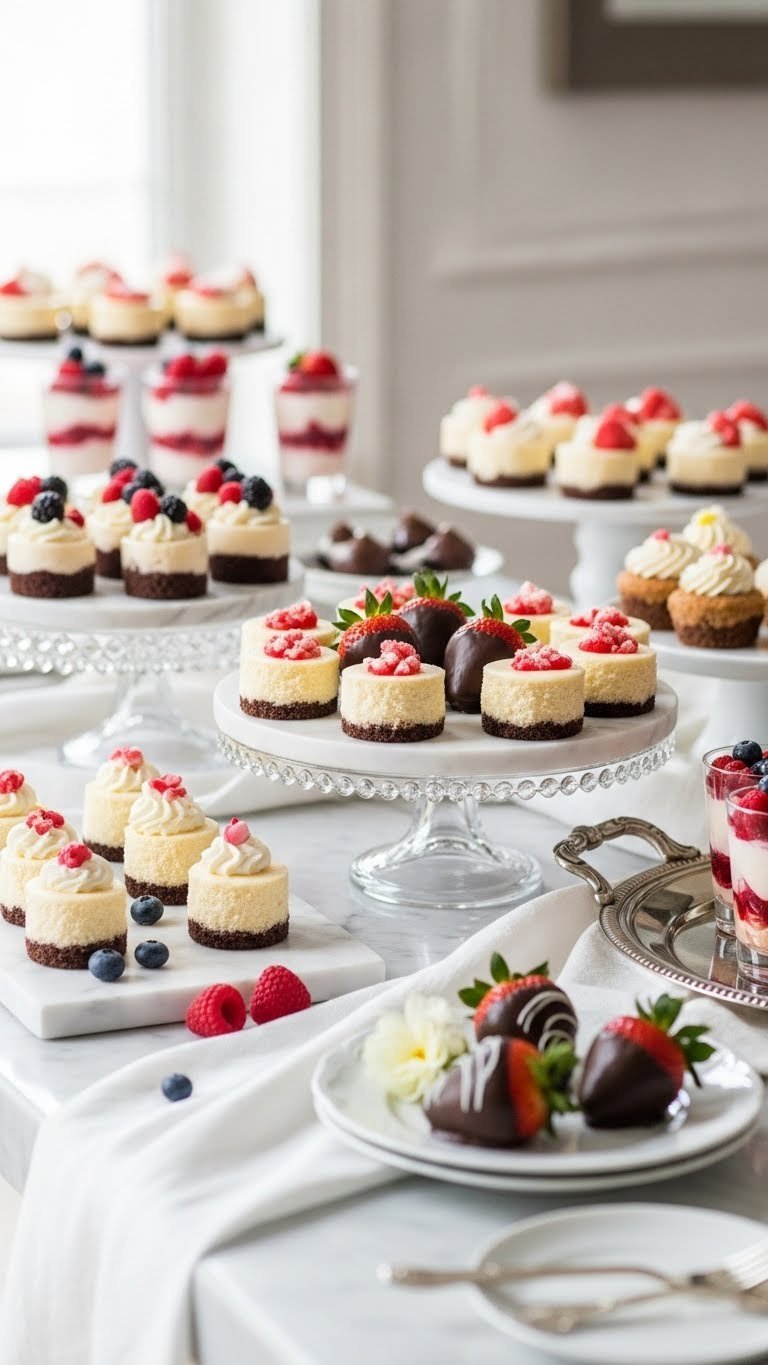 Elegant Valentine's Day dessert bar with mini cheesecakes and chocolate-dipped strawberries