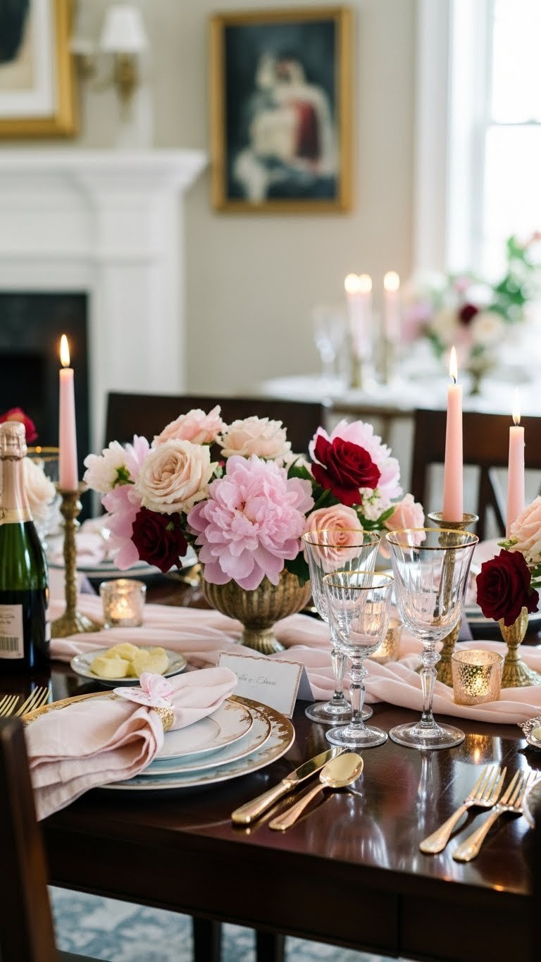 Elegant Valentine's Day dinner table setting with soft candlelight, floral arrangements, fine china, and crystal glassware on dark wood table