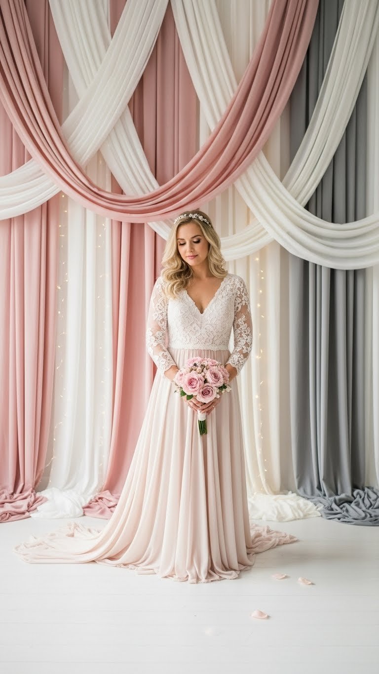 Elegant Valentine's Day fabric drape backdrop with flowing pink, cream, and white fabrics creating soft folds