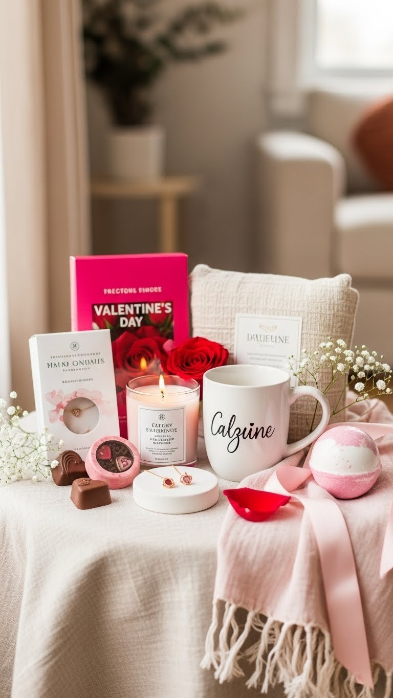 Elegant Valentine's Day gift bundle featuring chocolates, jewelry, and scented candle arranged on linen cloth with soft pink and cream color palette.