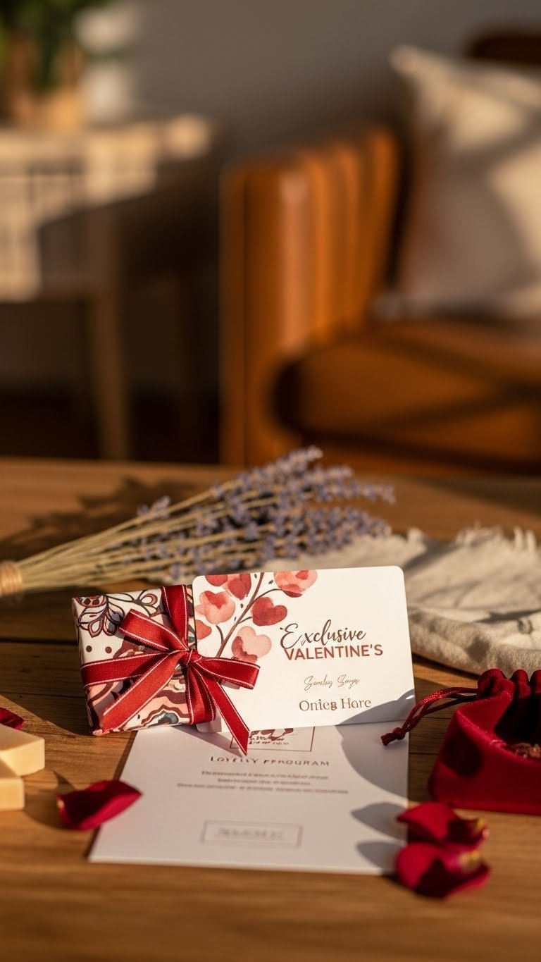 Elegant Valentine's Day loyalty program reward featuring silk scarf and gift card on rustic wooden table.