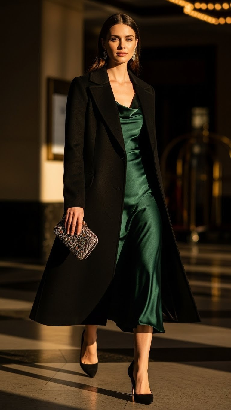 Elegant black long coat over silk midi dress & heels. Formal winter look, theater lobby. Embellished clutch, earrings.