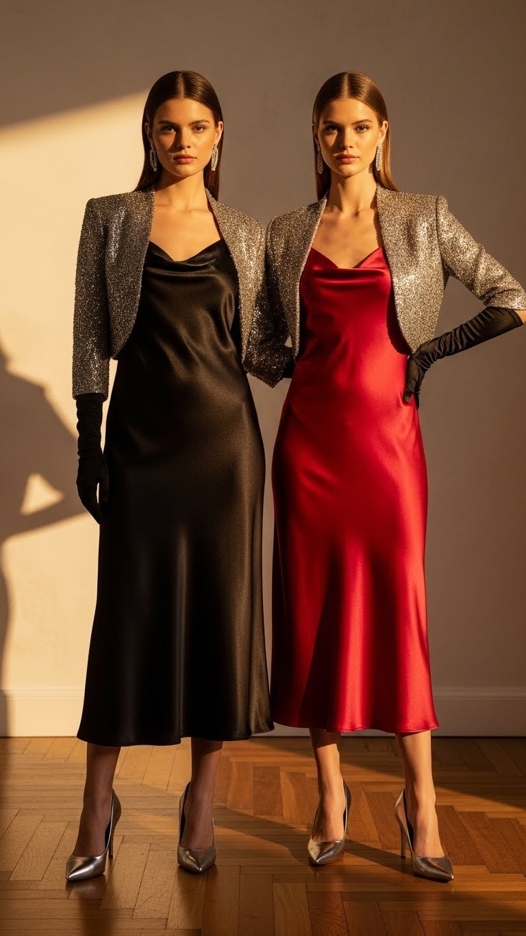 Elegant black satin midi slip dress, shimmering bolero jacket, metallic heels, sophisticated formal evening wear.