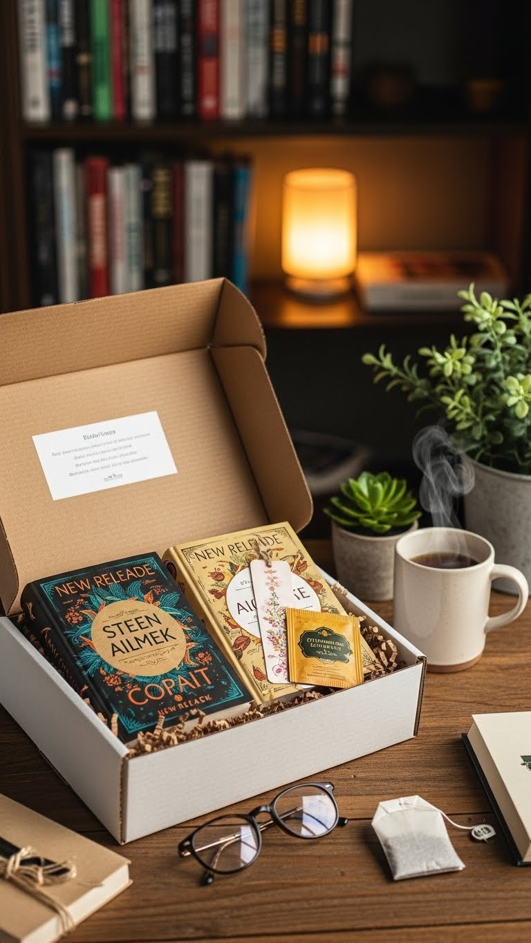Elegant book subscription box opened to reveal novels, gourmet tea, and scented bookmark on rustic wooden table.